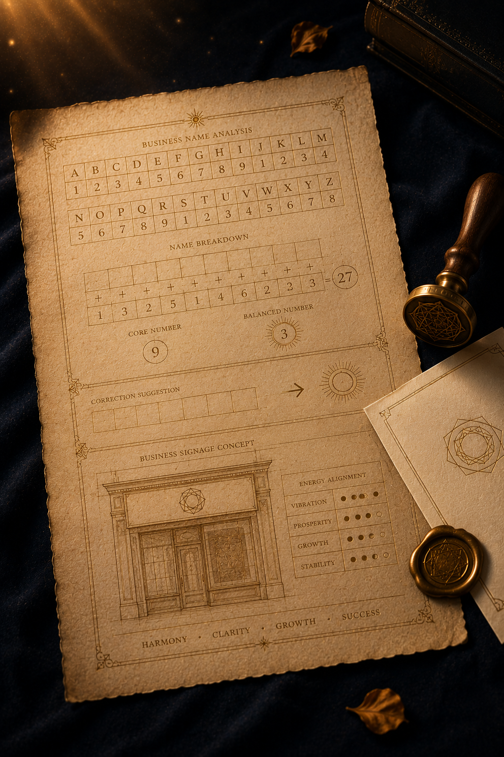 A hand-calculated numerology chart on aged parchment beside a vintage wax seal stamp and folded letterhead paper
