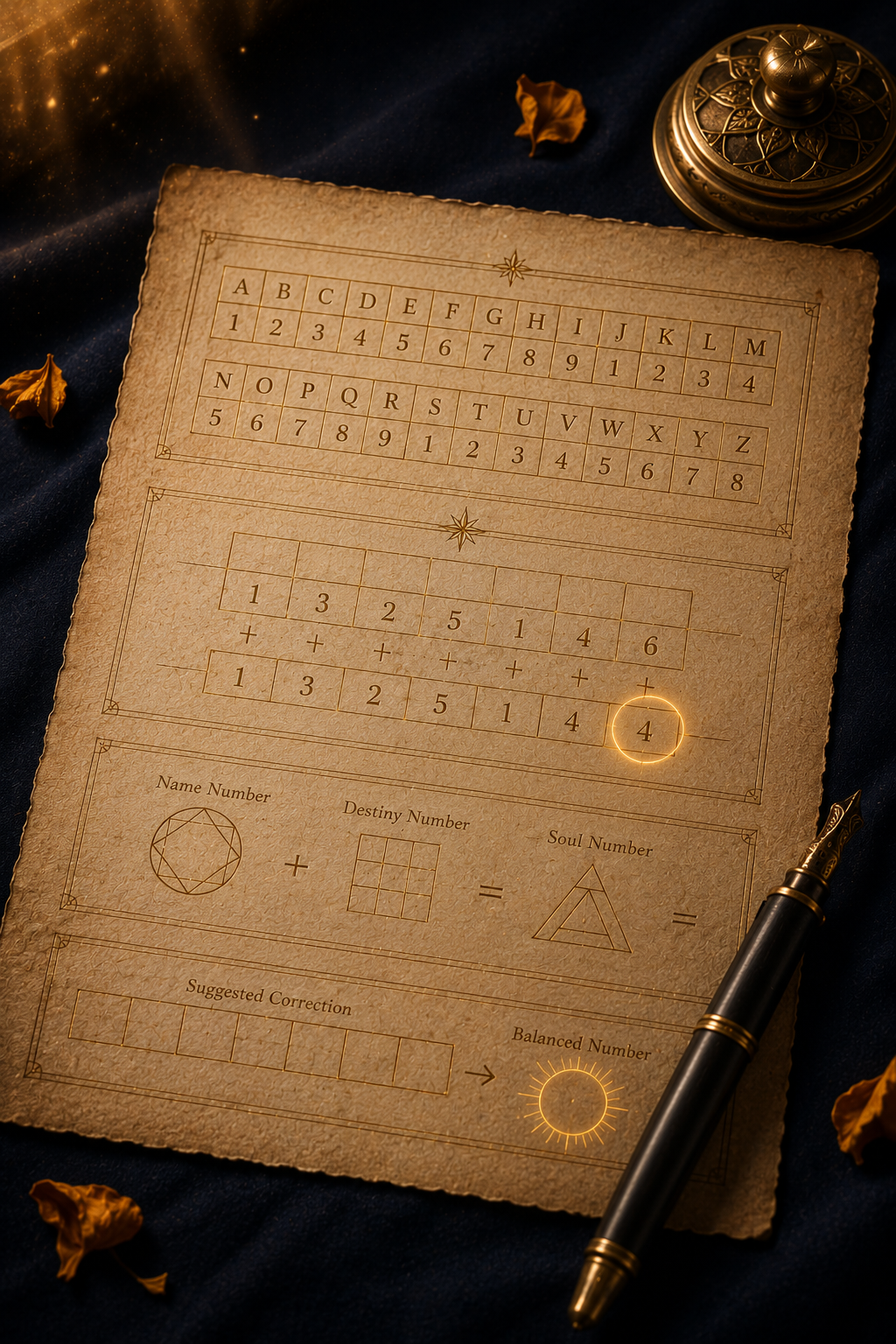A hand-calculated numerology chart on aged parchment showing letters paired with numbers in gold ink, beside a vintage fountain pen