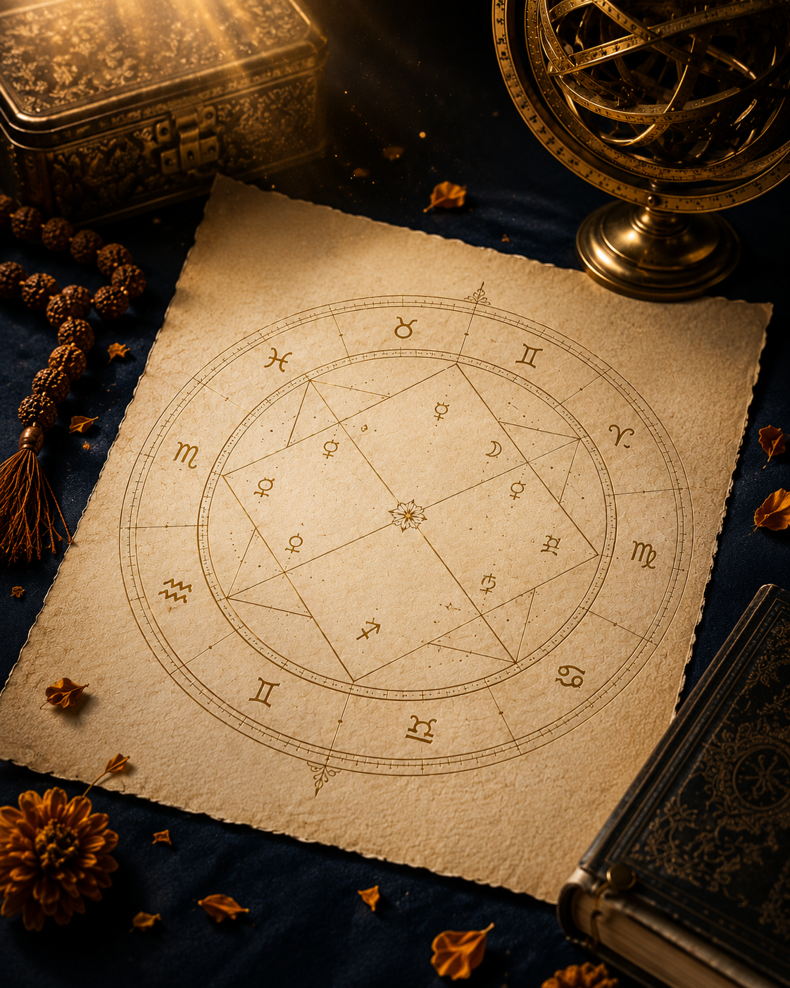 Hand-drawn Vedic birth chart on parchment with astrological symbols, surrounded by an antique armillary sphere and rudraksha beads