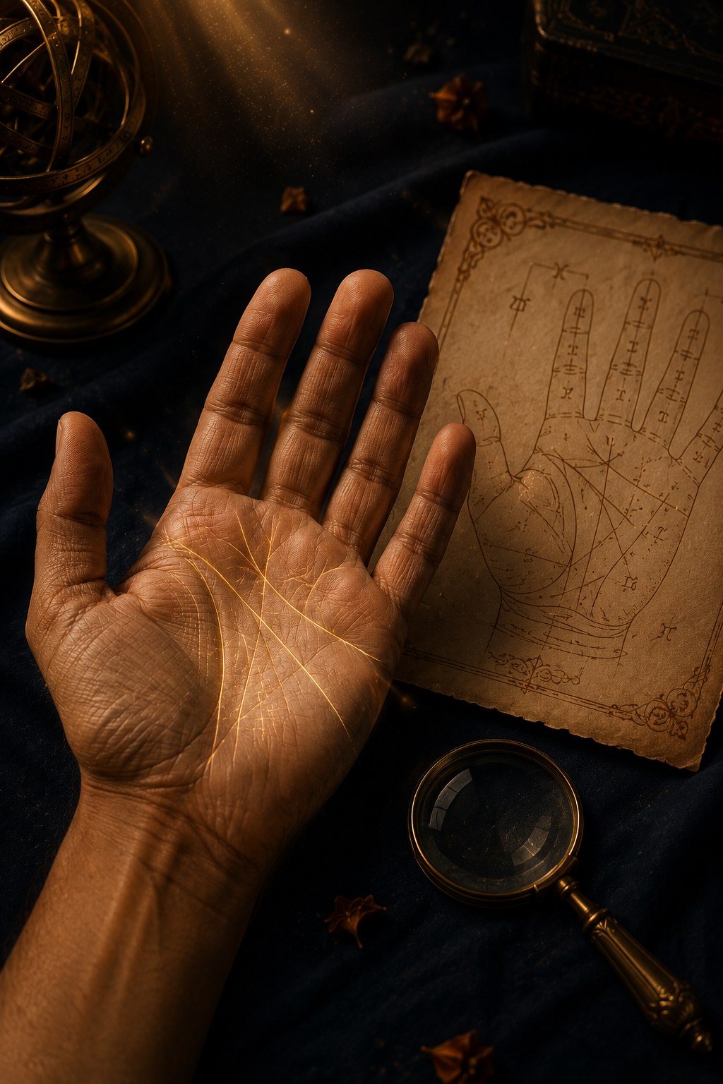 An open palm photographed in warm golden light beside an antique magnifying glass and a hand-drawn palmistry diagram on parchment