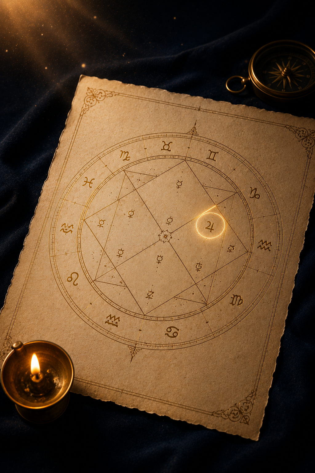 A single open Vedic astrology chart page on parchment with a question mark motif, surrounded by candlelight and gold ink annotations