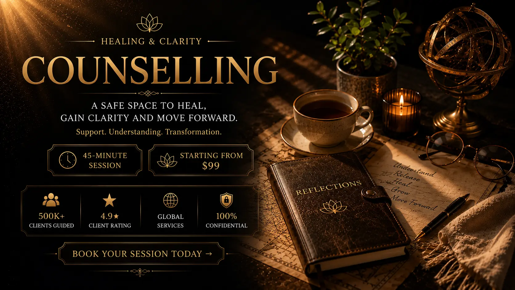 Counselling - Healing and Clarity. A safe space to heal, gain clarity and move forward through support, understanding and transformation. 60-minute private counselling session starting from $99, trusted by 500,000+ clients across 40+ countries, 100% confidential.