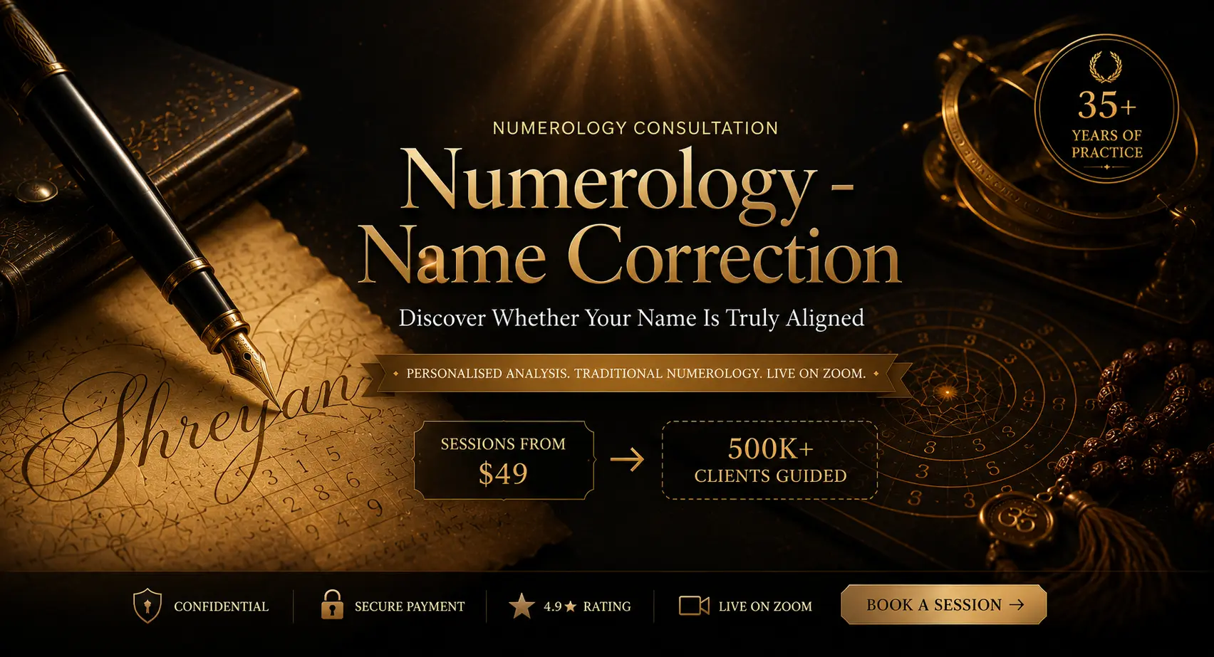 Numerology - Name Correction. Discover whether your name is truly aligned. Personalised numerological analysis and thoughtful name correction recommendations.