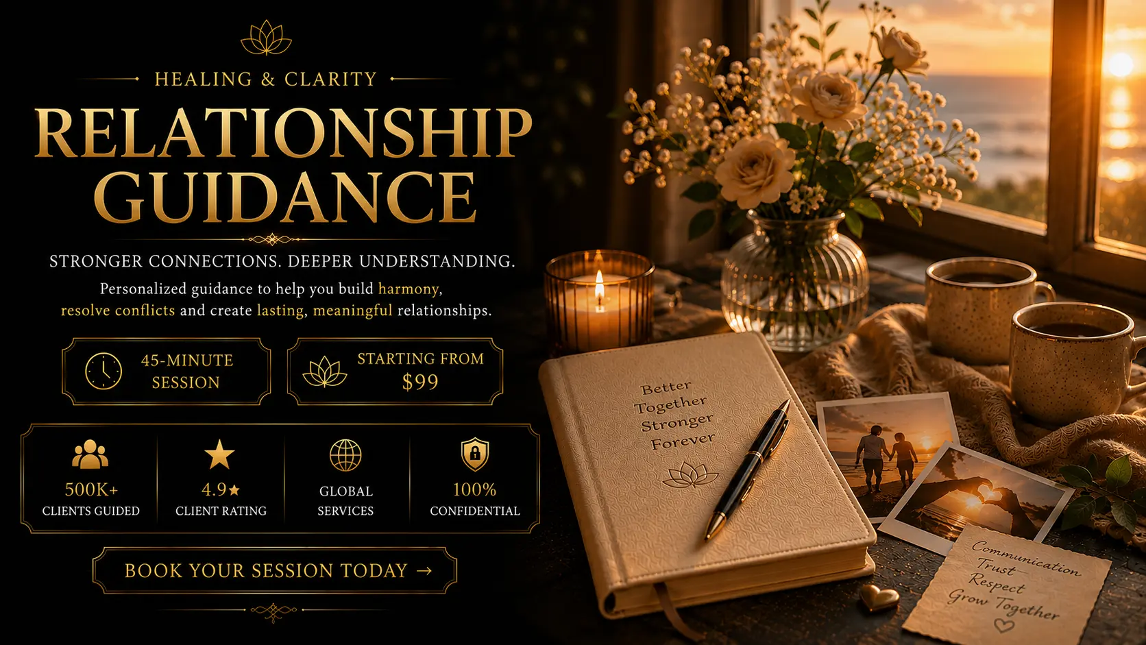 Relationship Guidance - A private 60-minute session offering compassionate guidance to navigate emotional complexities and strengthen communication.