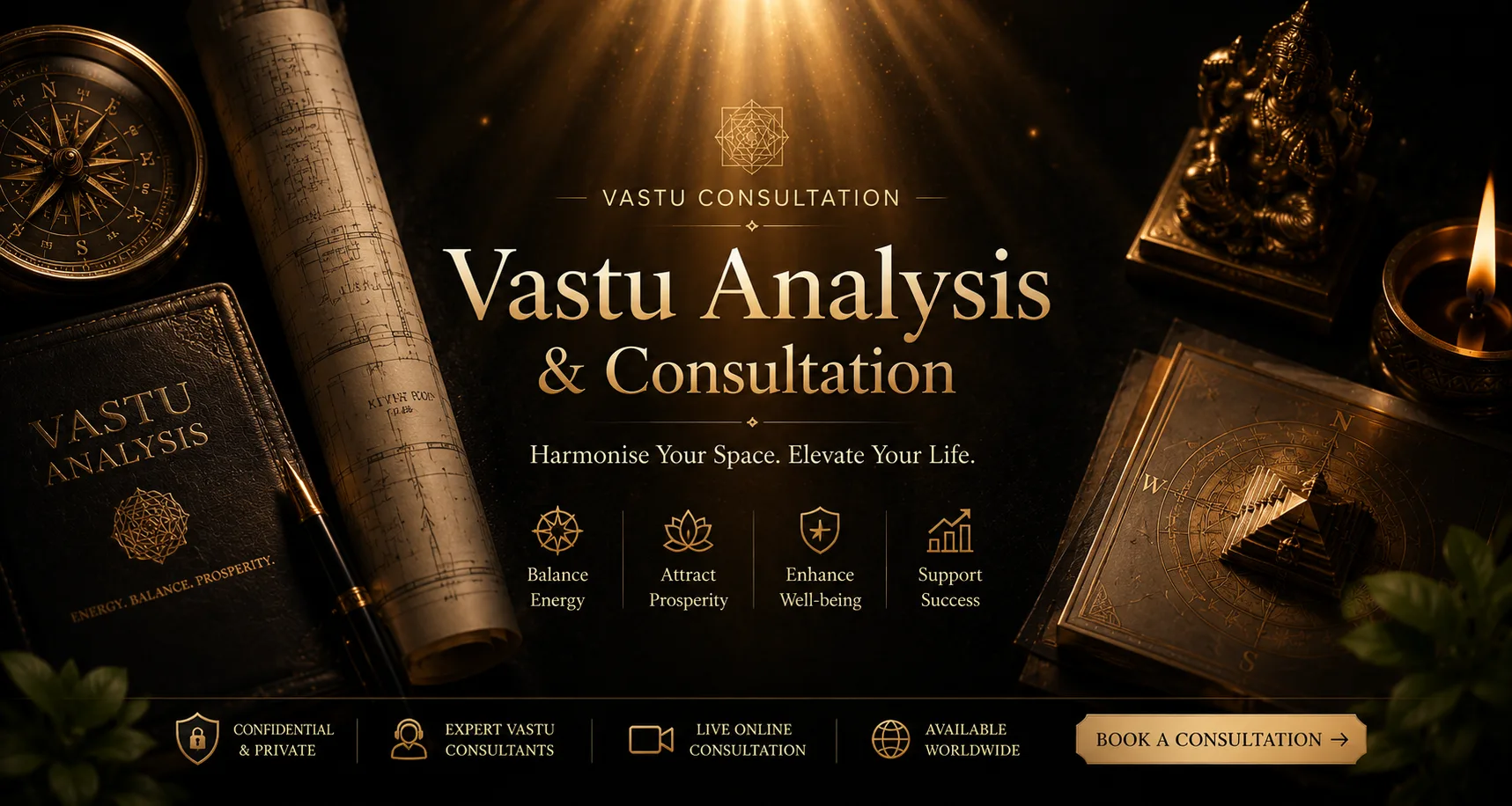 Vastu Consultation - Personalised property analysis using traditional Vastu Shastra principles for homes and offices.